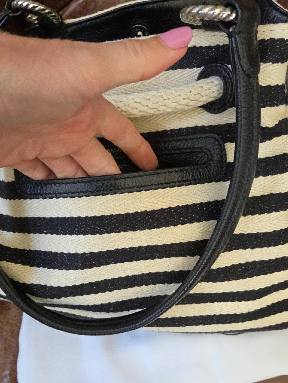 Brighton Black and Cream Striped Drawstring Shoulder Bag with Charm
